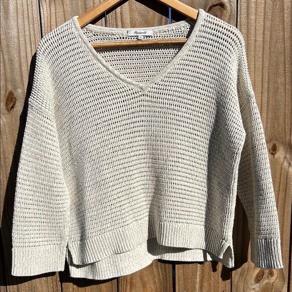 Madewell Women’s Cream with Orange Blue Thread V-Neck Long Sleeve Sweater Cotton - Picture 3 of 16